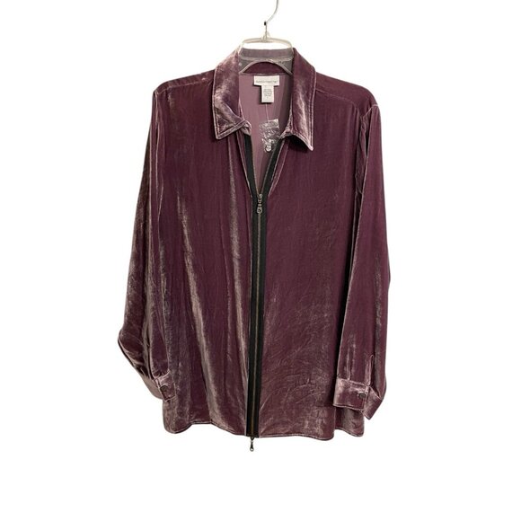 Soft Surroundings Purple Velvet Long Sleeve Zip Up Tunic Blouse Silk Blend Large - Picture 2 of 8